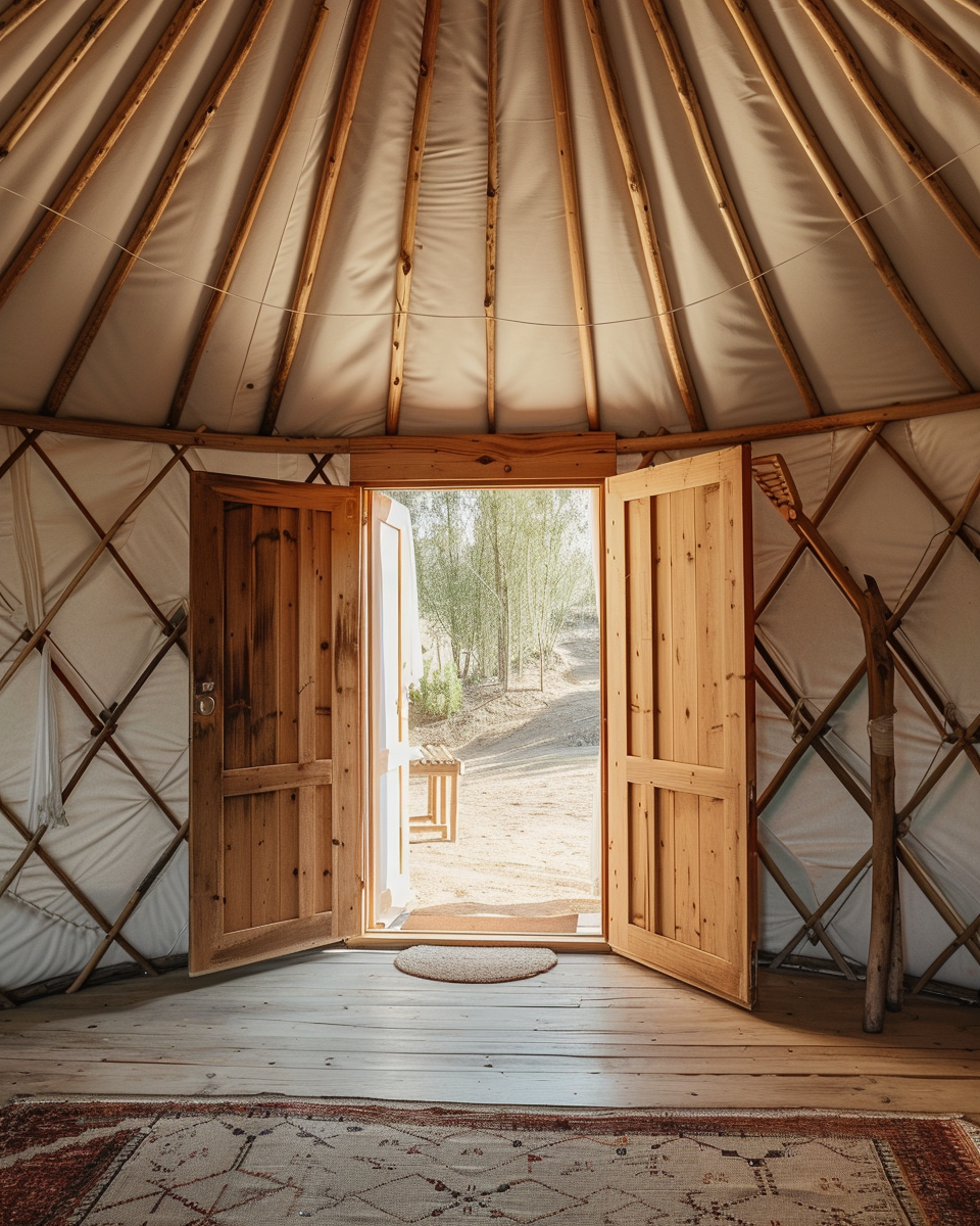 Warm en rustig interieurbeeld van een handgemaakte yurt met natuurlijke materialen.