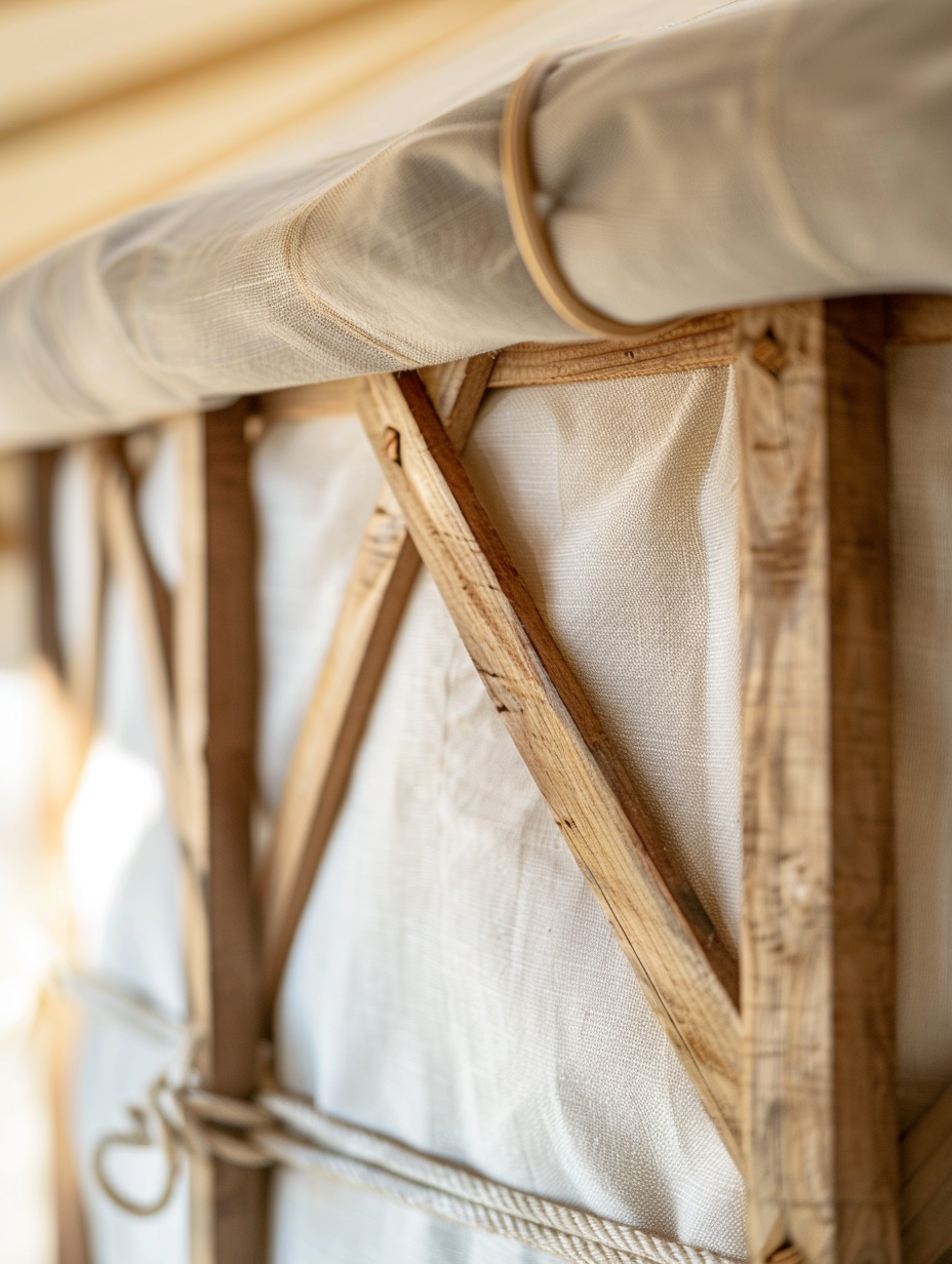 Detailbeeld van houtverbinding en canvastextuur van een handgemaakte yurt.
