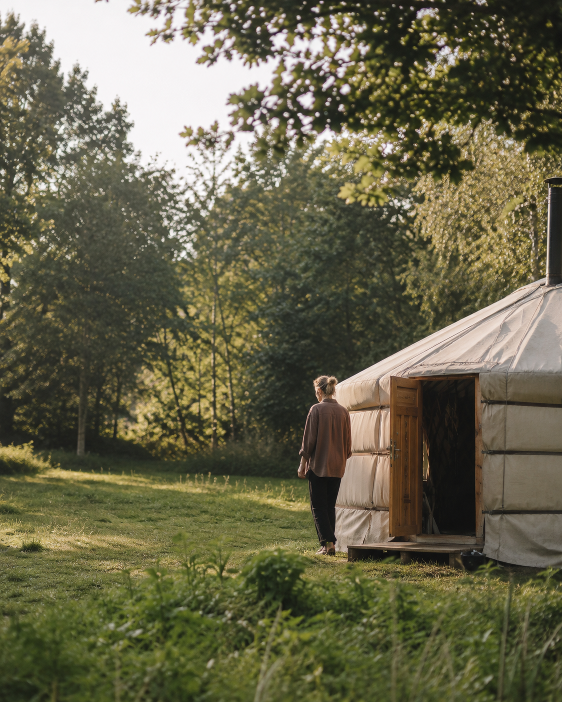 Handgemaakte yurt in een rustige natuurlijke omgeving.